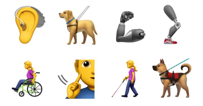 Emoji Perro guia , mujer con baston , protesis brazo y pierna , hombre en silla de rueda